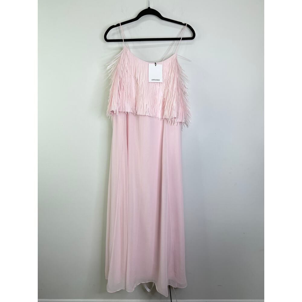 ARRANGE Women's Blush Fringe Maxi Dress - Elegant Spaghetti Strap Gown